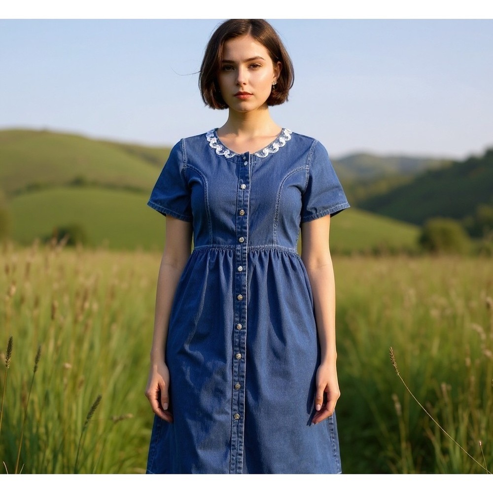 VTG Blue Cotton Embroidered Neck Button Front Midi Country Cottagecore Dress LG
